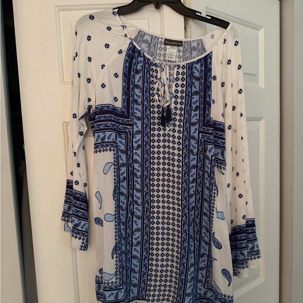 Tommy Bahama rayon White & Blue Printed Peasant dress med